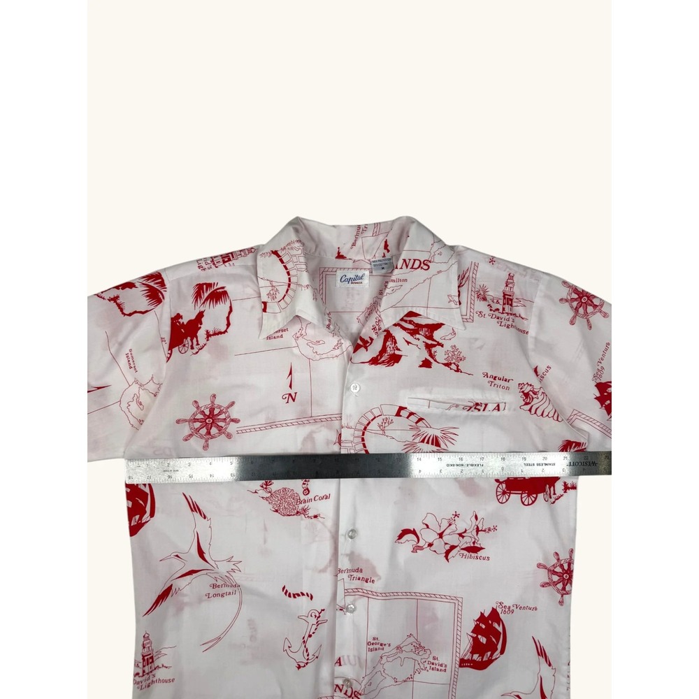 Vintage Capital Bermuda Nautical Map Print Shirt Mens Medium White Red Tropical - Picture 4 of 5